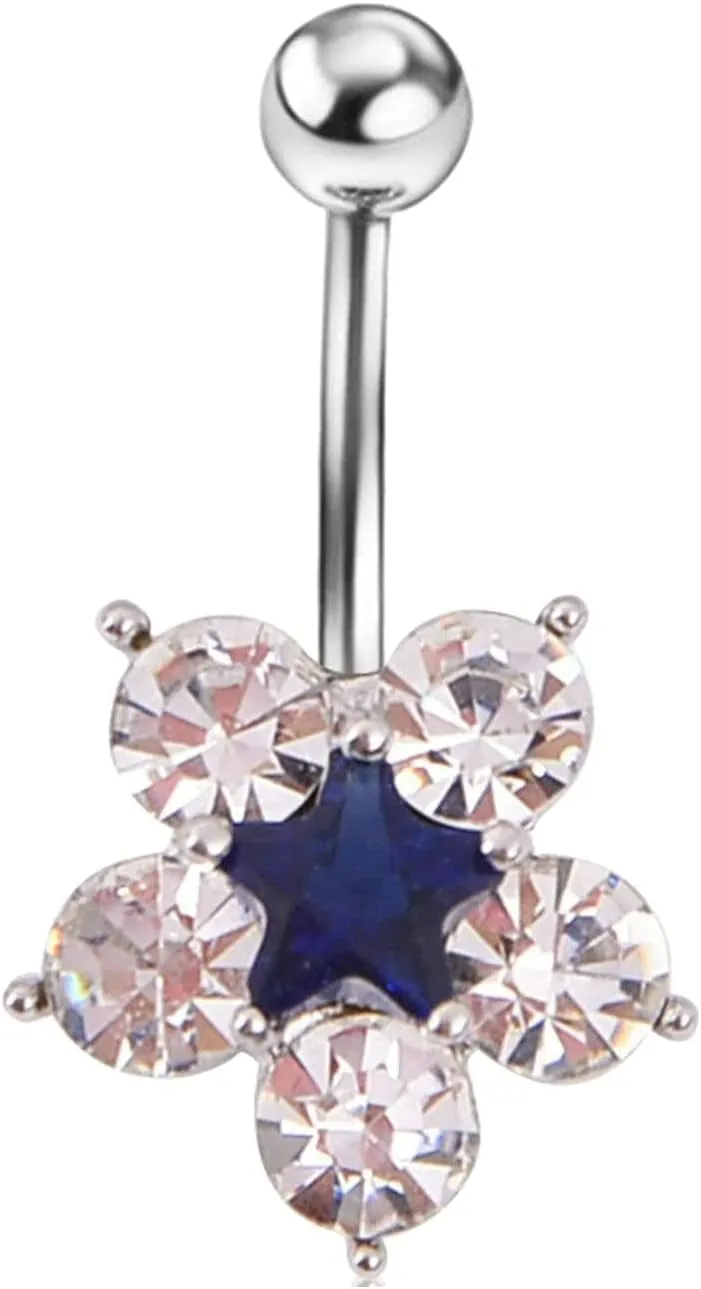 Navel Ring Surgical Stainless Steel, CZ Black Navel Rings for Women Flower Pendant Blue Belly Rings