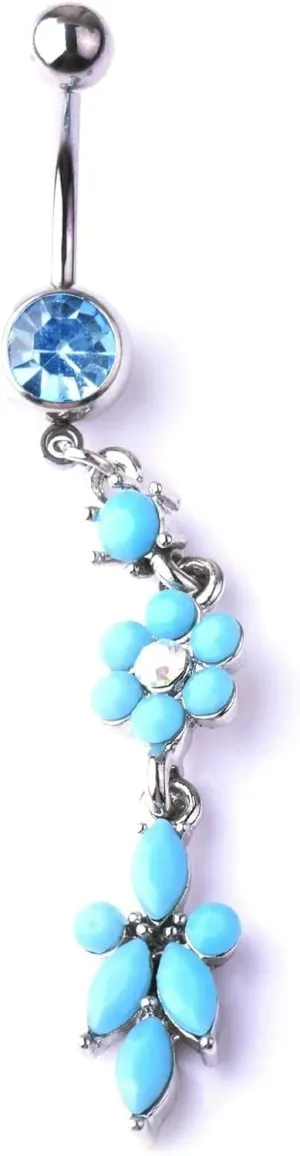 Navel Ring Surgical Stainless Steel, CZ Cute Navel Rings for Women Flower Pendant Silver Belly Rings