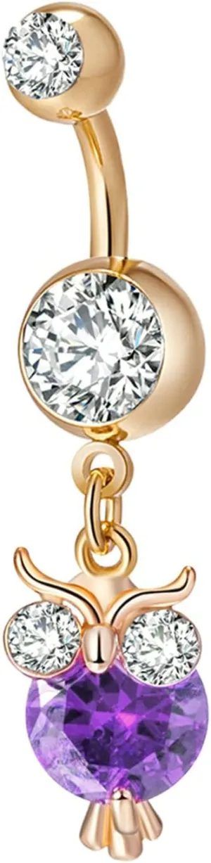 Navel Ring Surgical Stainless Steel, CZ Dangle Navel Rings for Women Owl Gold Navel Rings