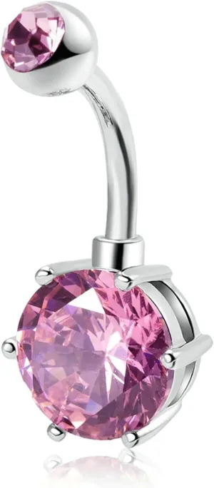 Navel Ring Surgical Stainless Steel, CZ Dangle Navel Rings for Women Pink Belly Rings
