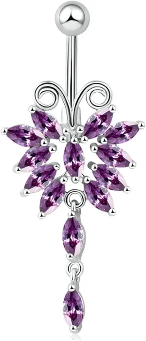 Navel Ring Surgical Stainless Steel, CZ Initial Navel Rings for Women Butterfly Silver Belly Rings