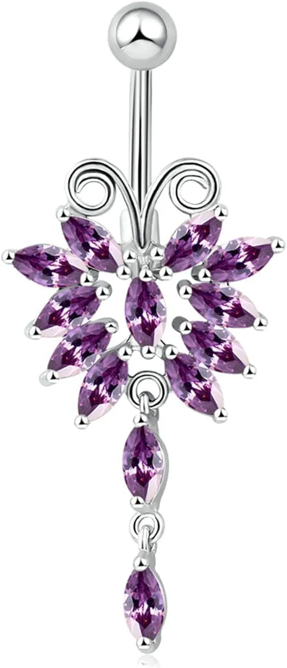 Navel Ring Surgical Stainless Steel, CZ Initial Navel Rings for Women Butterfly Silver Belly Rings