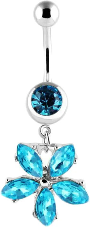 Navel Ring Surgical Stainless Steel, CZ Long Navel Rings for Women Flower Blue Belly Rings