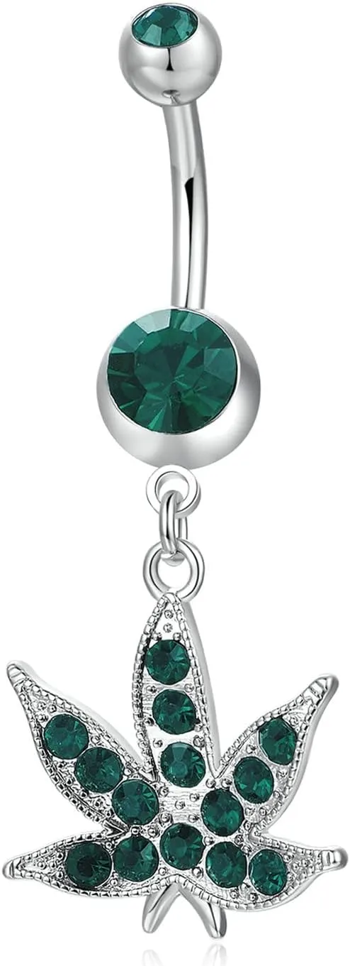 Navel Ring Surgical Stainless Steel, CZ Navel Rings for Women Gold Maple Leaf Silver Belly Rings