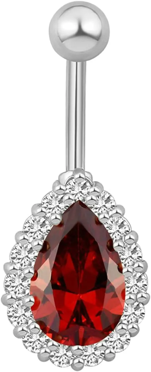 Navel Ring Surgical Stainless Steel, CZ Rose Gold Navel Rings for Women Teardrop Silver Red Belly Rings