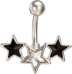 Navel Ring Surgical Stainless Steel, CZ Sexy Navel Rings for Women Stars Shaped Black Silver Belly Rings