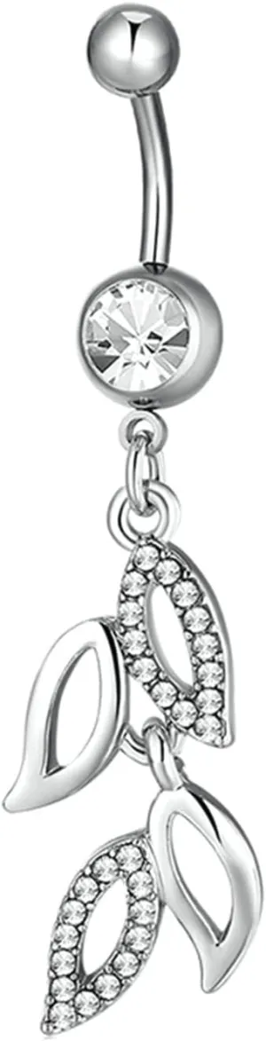 Navel Ring Surgical Stainless Steel, CZ Small Navel Rings for Women Leaf White Belly Rings