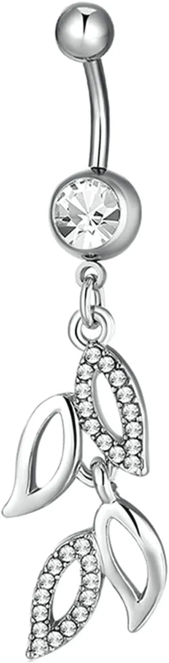 Navel Ring Surgical Stainless Steel, CZ Small Navel Rings for Women Leaf White Belly Rings