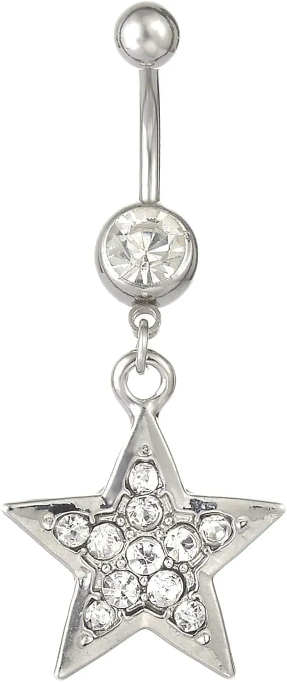 Navel Ring Surgical Stainless Steel, CZ Spiral Navel Rings for Women Star Shape White Navel Rings