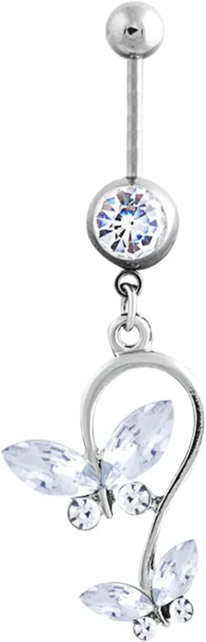 Navel Ring Surgical Stainless Steel, CZ Surgical Navel Rings for Women Butterfly White Belly Rings