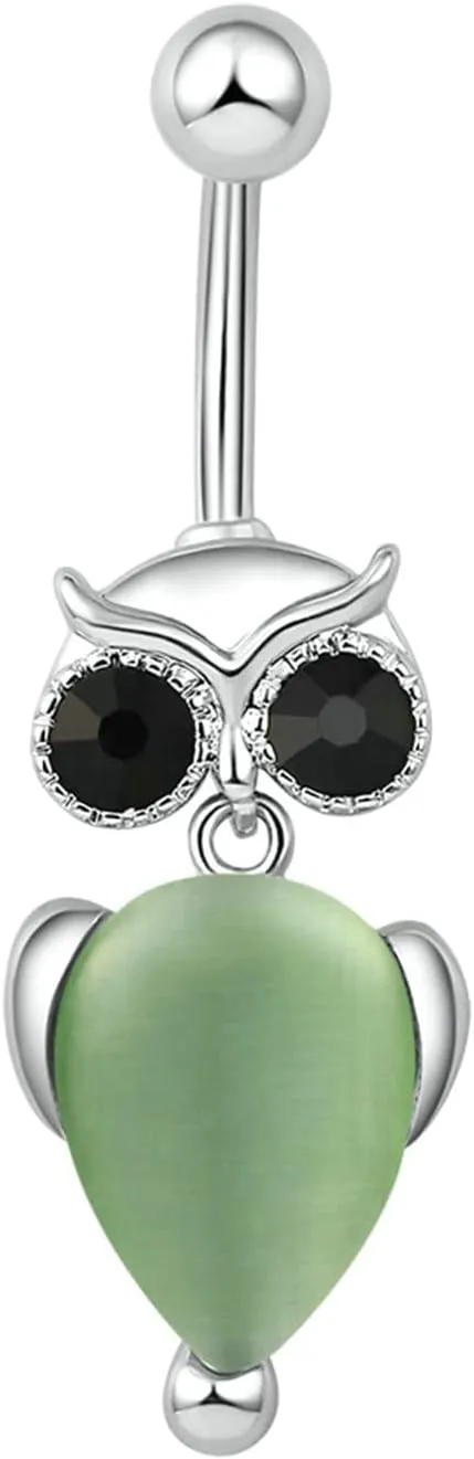 Navel Ring Surgical Stainless Steel, CZ Womens Navel Rings Owl Olive Green Belly Rings