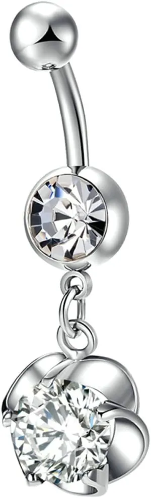 Navel Rings for Women Stainless Steel, CZ Navel Ring for Women Hollow Flower White Navel Rings