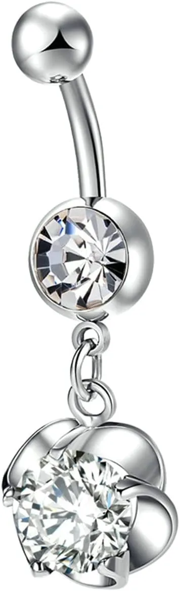 Navel Rings for Women Stainless Steel, CZ Navel Ring for Women Hollow Flower White Navel Rings