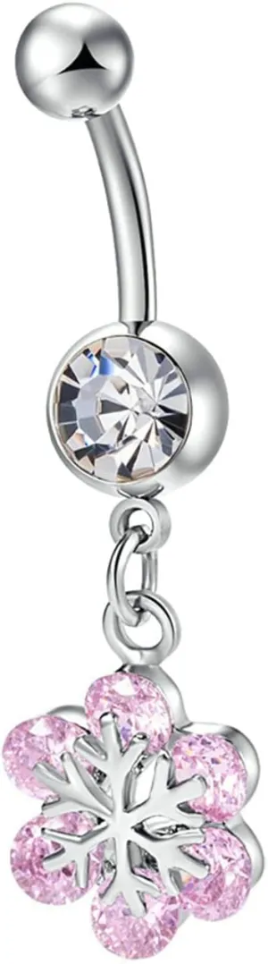 Navel Rings Stainless Steel, Crystal Dangle Navel Rings for Women Flower Pink Belly Ring