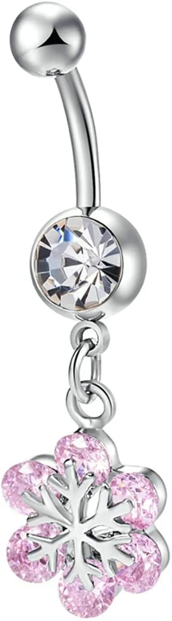 Navel Rings Stainless Steel, Crystal Dangle Navel Rings for Women Flower Pink Belly Ring