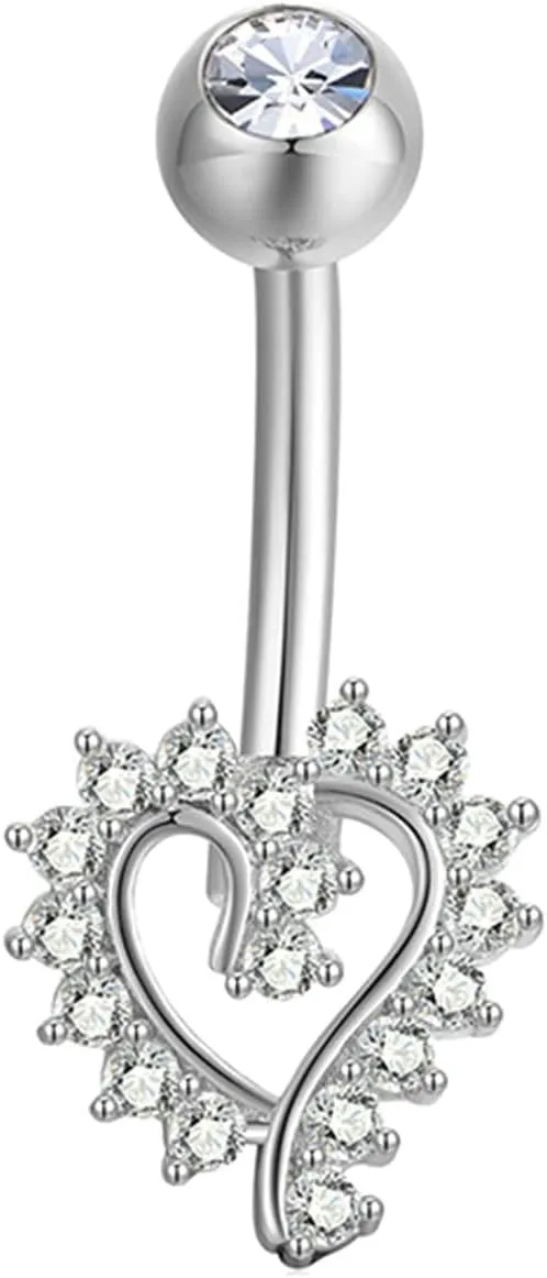 Navel Rings Stainless Steel, Crystal Navel Dangle Rings for Women Heart White Navel Ring