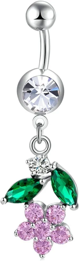 Navel Rings Stainless Steel, Crystal Navel Rings for Women Cheap Flower Leaves Silver Navel Ring