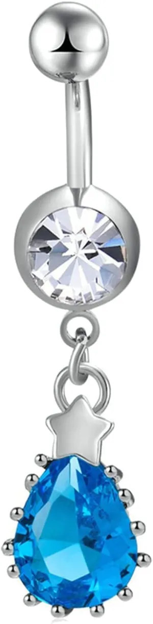 Navel Rings Stainless Steel, Crystal Navel Rings for Women Hoop Star Lake Blue Navel Piercing