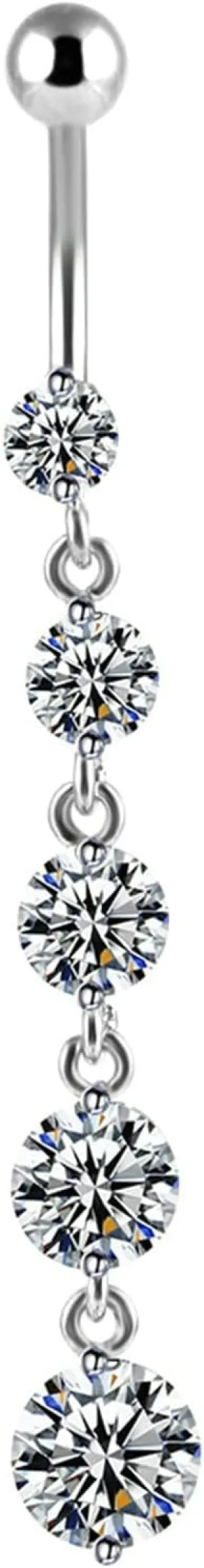 Navel Rings Stainless Steel, Crystal Navel Rings for Women Long Bar Round White Navel Ring