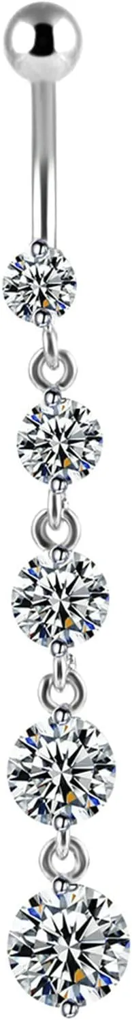 Navel Rings Stainless Steel, Crystal Navel Rings for Women Long Bar Round White Navel Ring