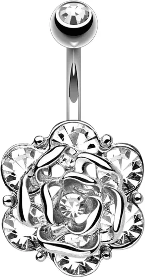 Navel Rings Stainless Steel, Crystal Navel Rings for Women Long Rose Flower Pendant Silver Navel Piercing