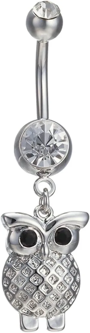 Navel Rings Stainless Steel, Crystal Sexy Navel Rings for Women Owl Silver Navel Piercing