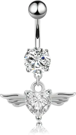 Navel Rings Stainless Steel, Crystal Surgical Steel Navel Rings for Women Angel Wing Heart Pendant White Navel Ring