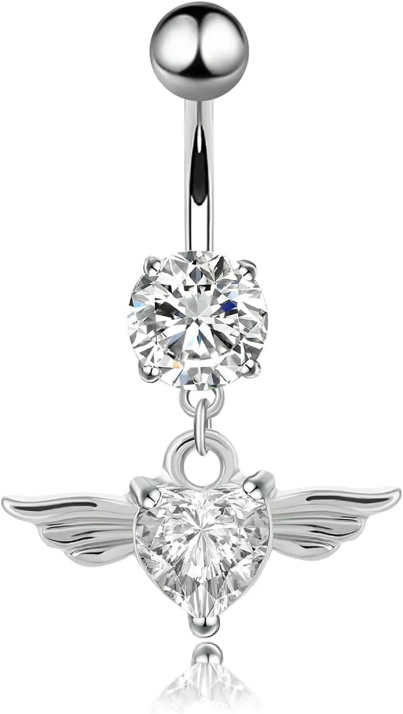Navel Rings Stainless Steel, Crystal Surgical Steel Navel Rings for Women Angel Wing Heart Pendant White Navel Ring