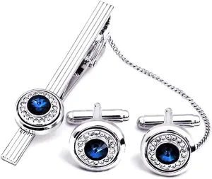 Navy Blue Cufflinks and Tie Clip Set for Men, Small Stunning Crystal Necktie Bar Clips Cuff Links Studs Button, Luxury Silver Romantic Wedding Cufflink & Stickpin Clasp Pin for Party Evening