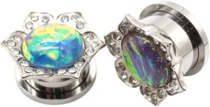 New 2025 2Pcs Flower Leaf Crystal Opal Stainless Ear Plugs Tunnel Expander Stretcher Gauges Earring Piercing Body Jewelry Fashion Trendy Accessories Creative Gift