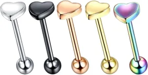 New 2025 5Pc/Set Stainless Heart Shaped Tongue Ring Barbell Piercing Cute Bar Ear Tragus Studs Labret Body Jewelry Fashion Trendy Accessories Creative Gift