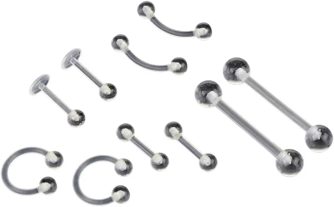 New 2026 10Pcs/Set Fashion Transparent Acrylic Tongue Ring Barbell Eyebrow Belly Nose Lips Piercing Body Jewelry Trendy Accessories Creative Gift