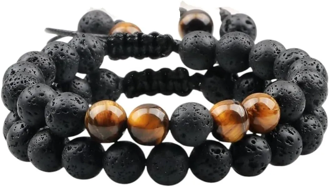 New 2026 2Pc/Set Couple Distance Beaded Bracelet 8Mm Natural Stone Tiger Eye Black Lava Bracelets For Women Prayer Jewelry Fashion Trendy Accessories Creative Gift