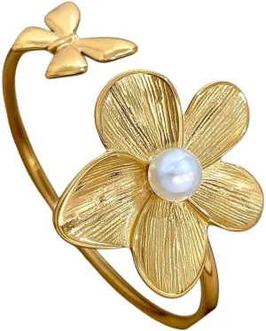 New 2026 Stainless Steel Open Flower Cuff Bracelet Bangle With Imitation Pearls For Women Gold Color Floral Bracelets Waterproof Jewelry Fashion Trendy Accessories Creative Gift For Women And Men