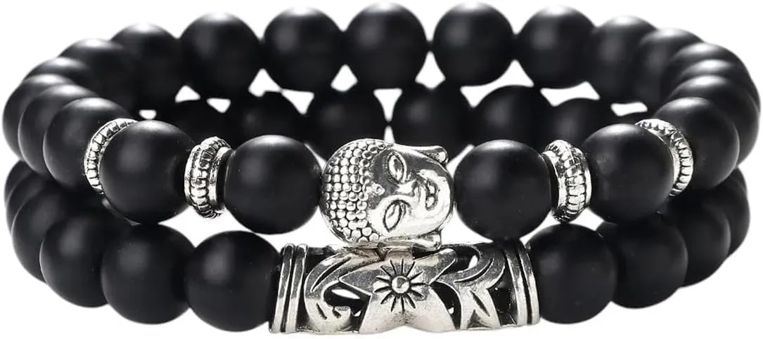 New 2026 Unisex Buddhist Buddha Head Prayer Bracelet Set Tiger Eye Black Volcanic Natural Stone Beads Unisex Men&Bangle Women Jewelry Fashion Trendy Accessories Creative Gift for Women and Men