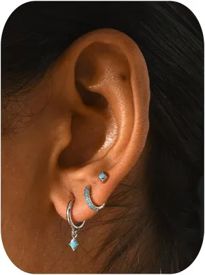 NOKMIT 3 Pairs Mini Hoop Earrings Set Turquoise Cubic Zirconia Huggie Hoop Cartilage Earring Ear Cuff for Women (Turquoise/CZ)