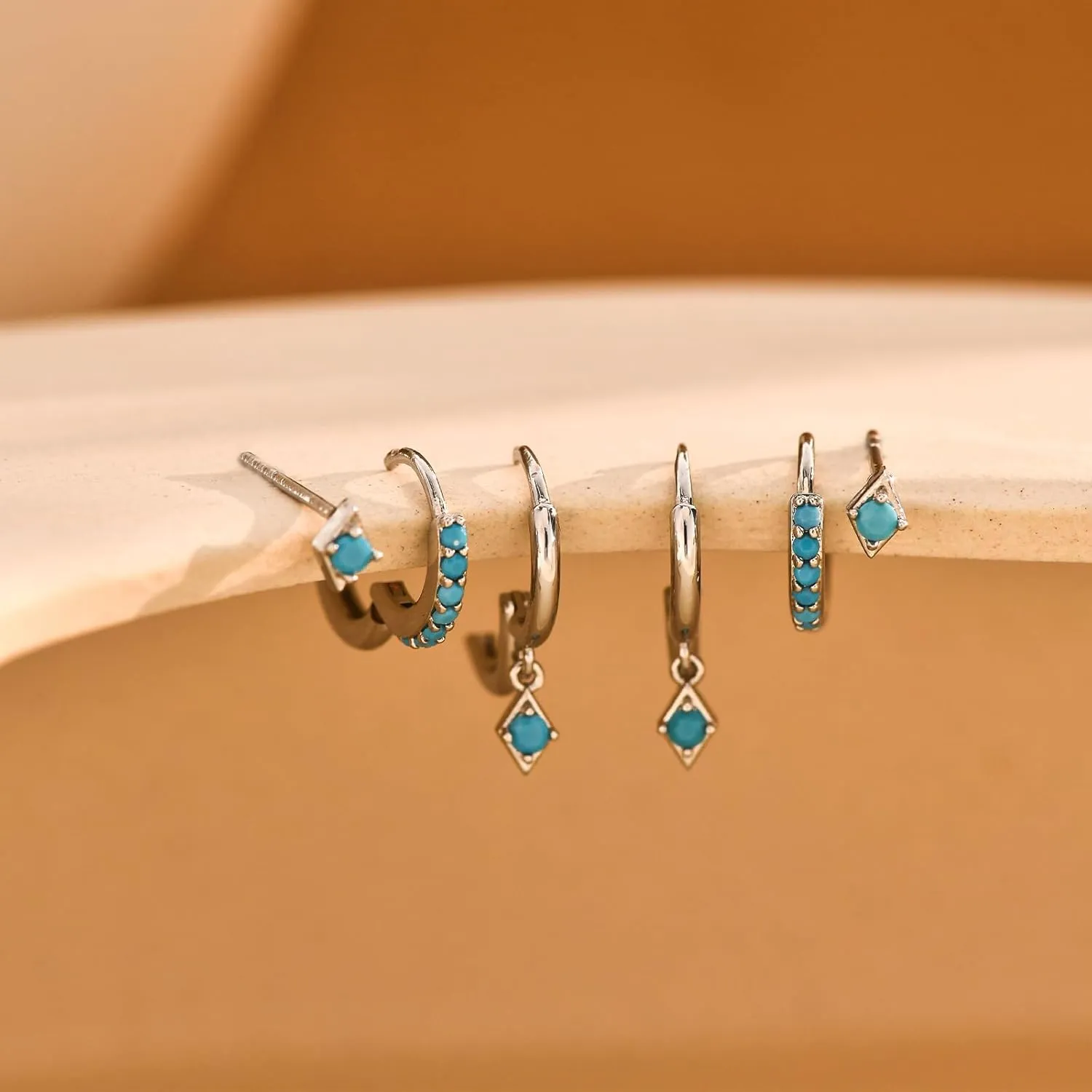 NOKMIT 3 Pairs Mini Hoop Earrings Set Turquoise Cubic Zirconia Huggie Hoop Cartilage Earring Ear Cuff for Women (Turquoise/CZ)