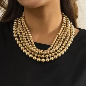 Octwine Dainty Pack of 1 Multilayer Gold Beads Ball Chain Collar Choker 5 Layer Necklace Shiny Bar Necklaces Cuban Bridal Wedding Jewelry for Women and Girls(Gold)