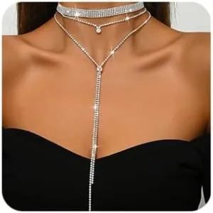 Octwine Women Bridal Wedding Rhinestone Layered Choker Necklaces Y Long Crystal Rhinestone Necklace Sparkly Long Necklace for Women