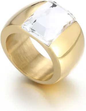 OIDIMS Stunning Large Statement Glass Crystal Rhinestone Band Cocktail Ring Cubic Zirconia Stainless Steel Thick Chunky for Women Men18k Gold Plated Friend Graduation Gift Evening Party