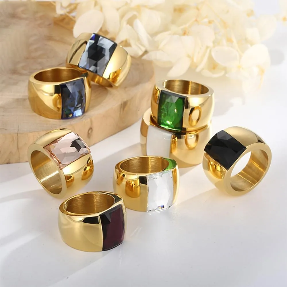 OIDIMS Stunning Large Statement Glass Crystal Rhinestone Band Cocktail Ring Cubic Zirconia Stainless Steel Thick Chunky for Women Men18k Gold Plated Friend Graduation Gift Evening Party