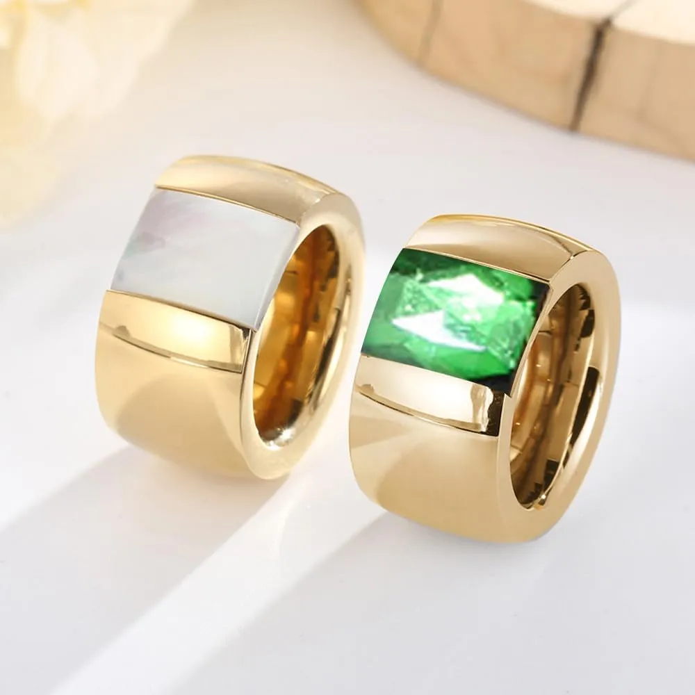 OIDIMS Stunning Large Statement Glass Crystal Rhinestone Band Cocktail Ring Cubic Zirconia Stainless Steel Thick Chunky for Women Men18k Gold Plated Friend Graduation Gift Evening Party
