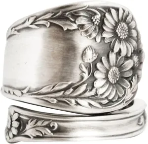 OIDIMS Sunflower Spoon Adjustable Rings Promise Wedding Engagement Statement Boho Vintage Finger Open Ring Extendable Wrap Bands for Women Men Retro Comfort Fit Jewelry