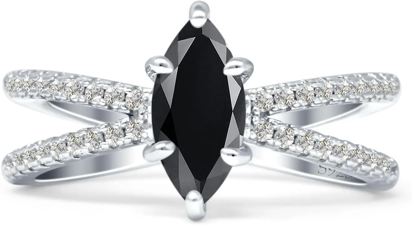 OMRANII Art Deco Marquise Shaped X Ring Split Shank Vintage Style Around Pave Cubic Zirconia Wedding Engagement Ring Solid 925 Sterling Silver