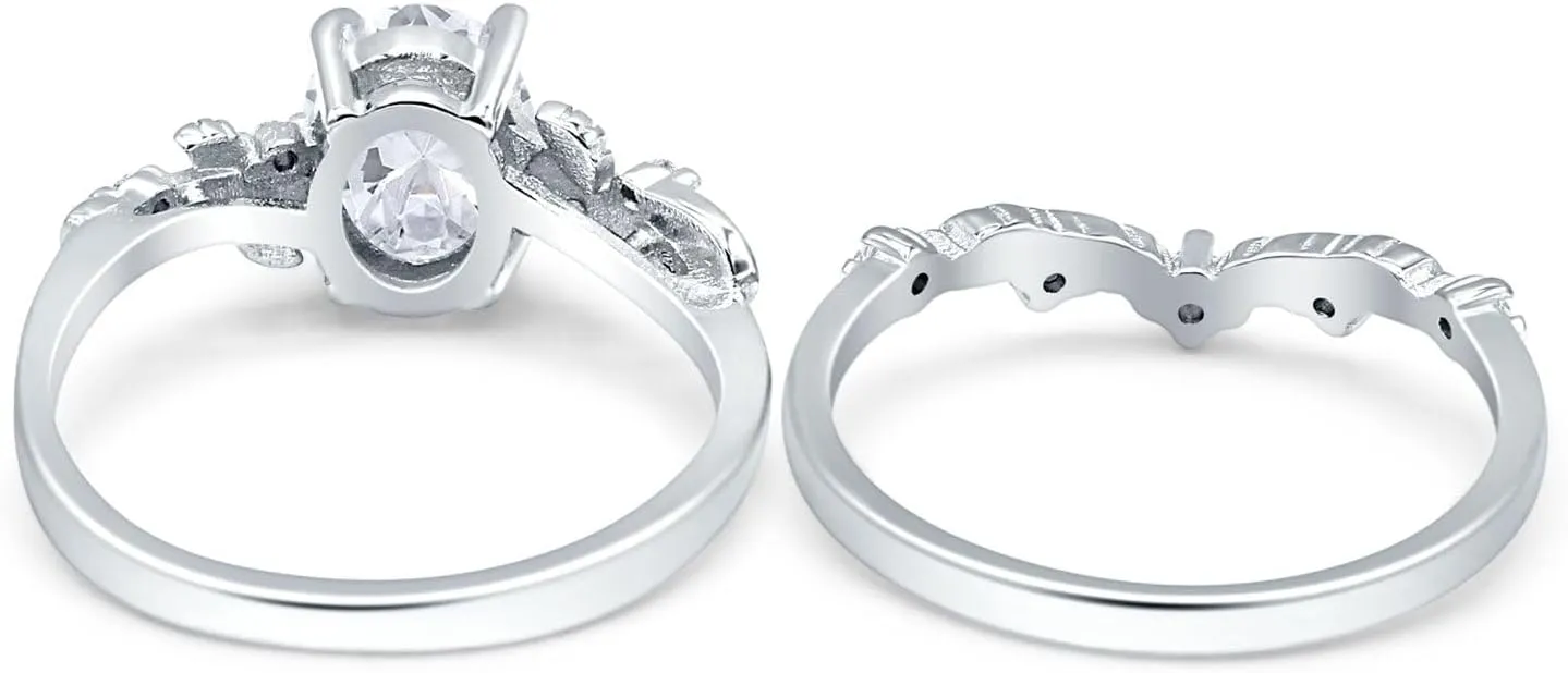 OMRANII Two Piece Art Deco Oval Moissanite Leaf Style Curved Contour Band Chevron Rings Vintage Style Wedding Engagement Rings For Women 925 Sterling Silver