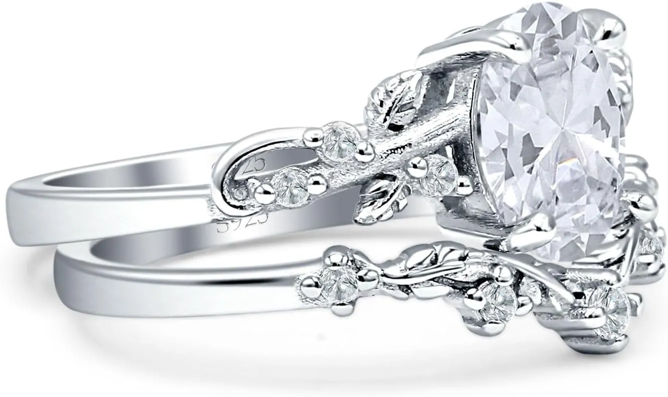 OMRANII Two Piece Art Deco Oval Moissanite Leaf Style Curved Contour Band Chevron Rings Vintage Style Wedding Engagement Rings For Women 925 Sterling Silver