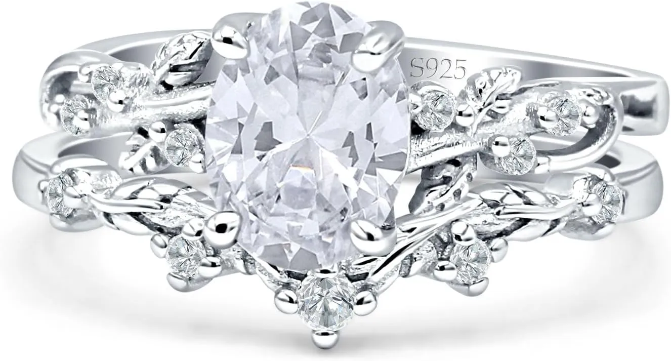 OMRANII Two Piece Art Deco Oval Moissanite Leaf Style Curved Contour Band Chevron Rings Vintage Style Wedding Engagement Rings For Women 925 Sterling Silver