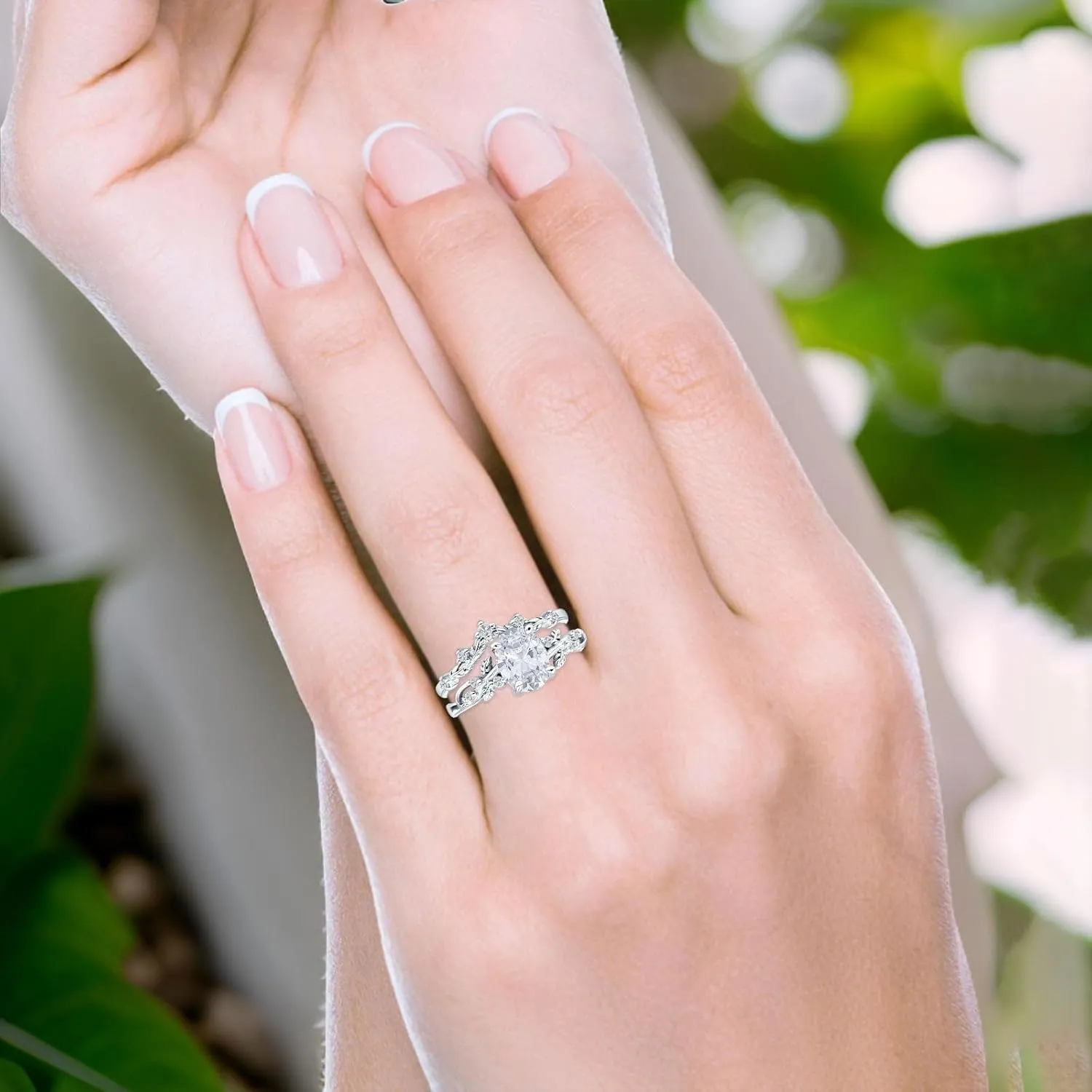 OMRANII Two Piece Art Deco Oval Moissanite Leaf Style Curved Contour Band Chevron Rings Vintage Style Wedding Engagement Rings For Women 925 Sterling Silver