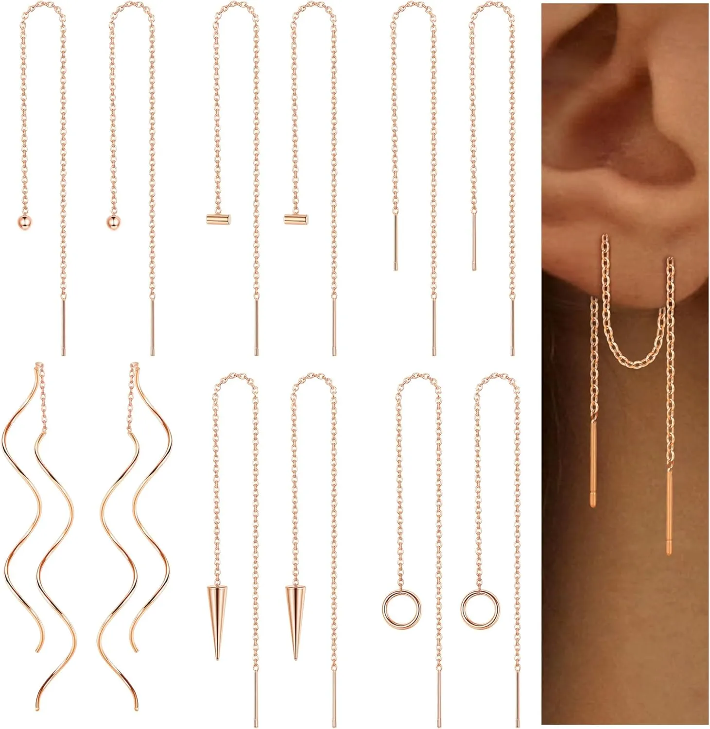 ORAZIO 6 Pairs Stainless Steel Chain Tassel Earrings for Women Lightweight Wave Threader Ball Dangle Drop Minimalist Chain Earrings Set