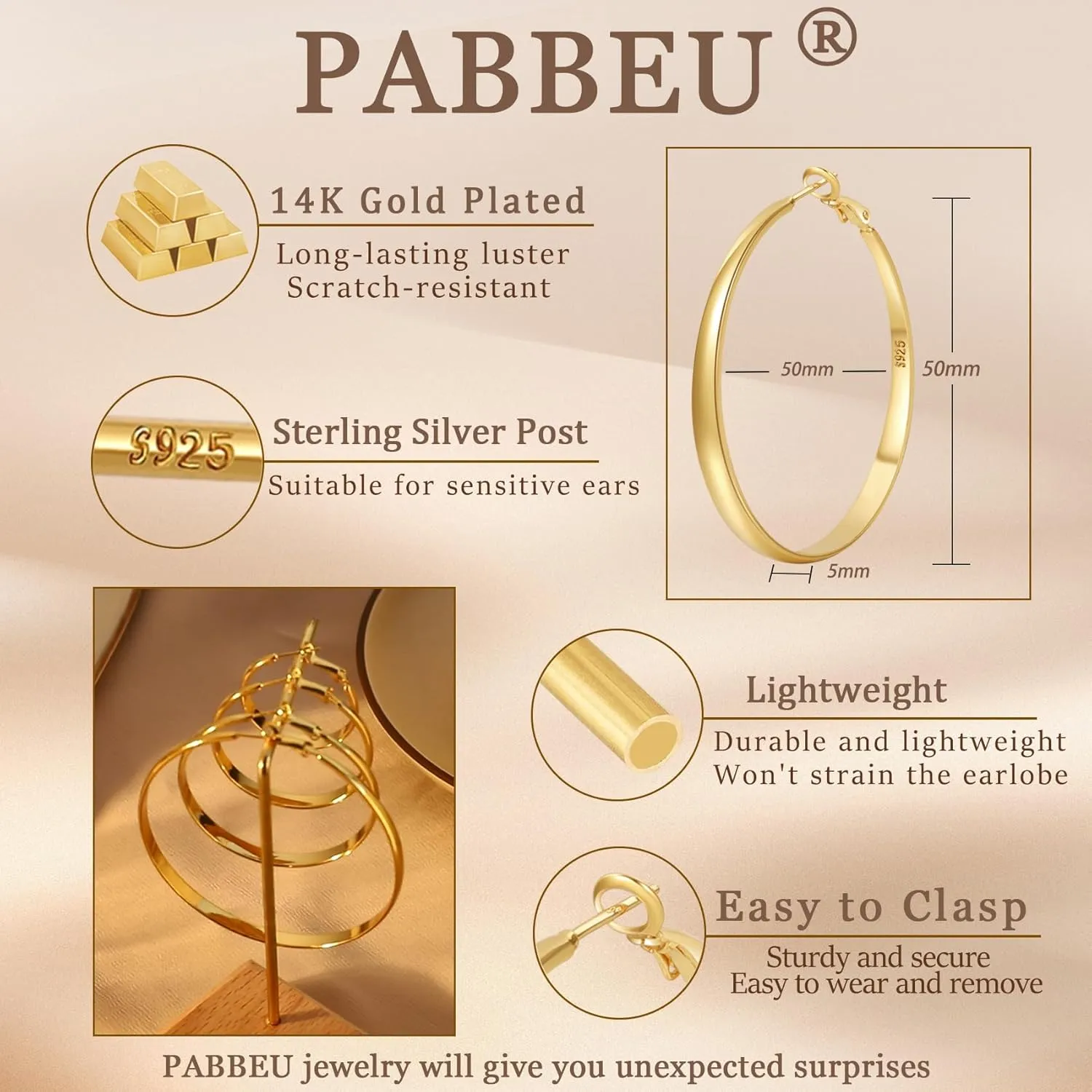 PABBEU Sterling Silver Hoop Earrings for Women - Large Hypoallergenic Thin Oversize Big Hoops - S925 Hypoallergenic
